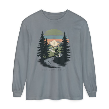 Mountain Biking Scenic Trail Sunset Long Sleeve Unisex Tee
