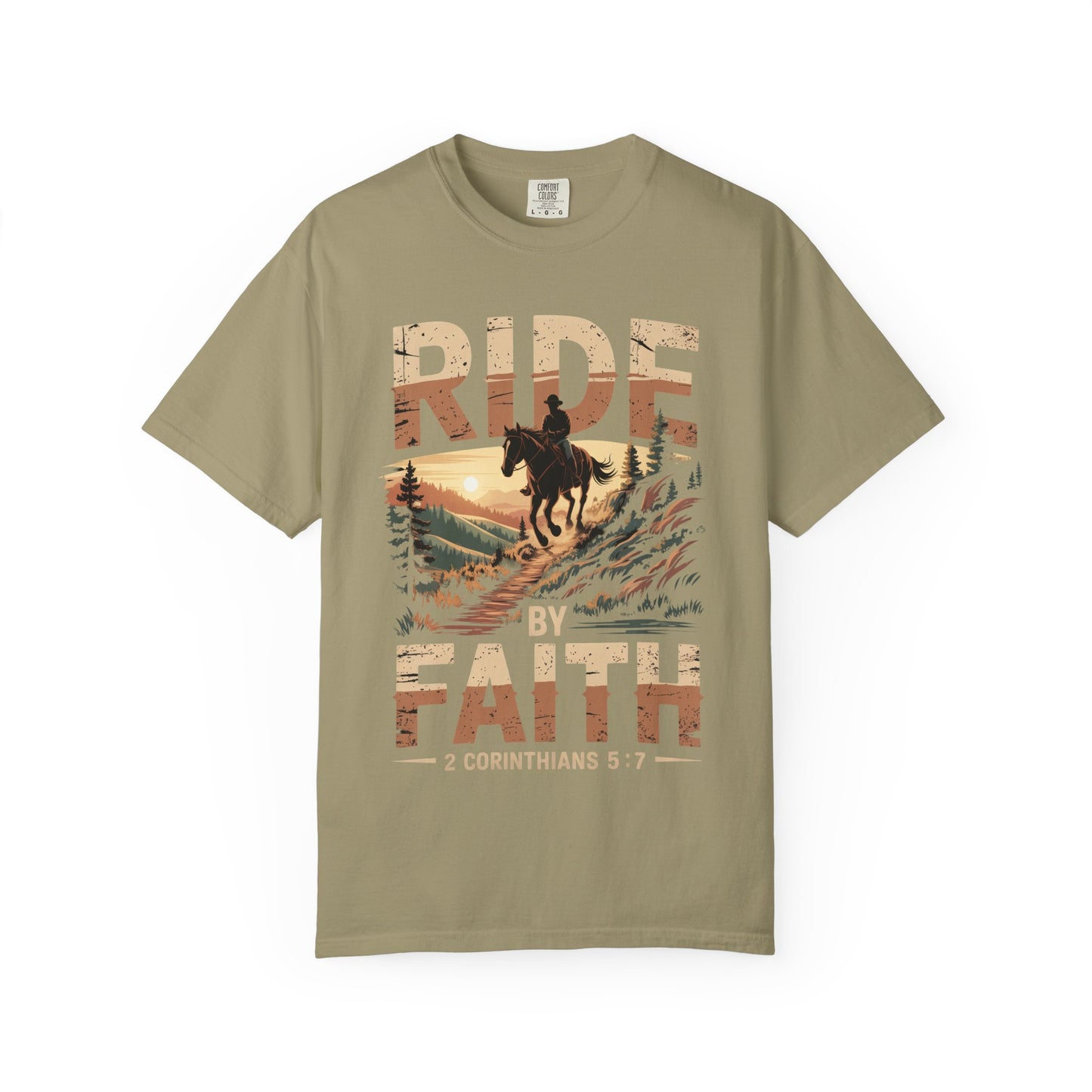Ride by Faith Short Sleeve Tee — Cowboy Silhouette Christian Western Tee (2 Corinthians 5:7)