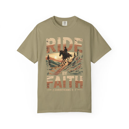 Ride by Faith Short Sleeve Tee — Cowboy Silhouette Christian Western Tee (2 Corinthians 5:7)
