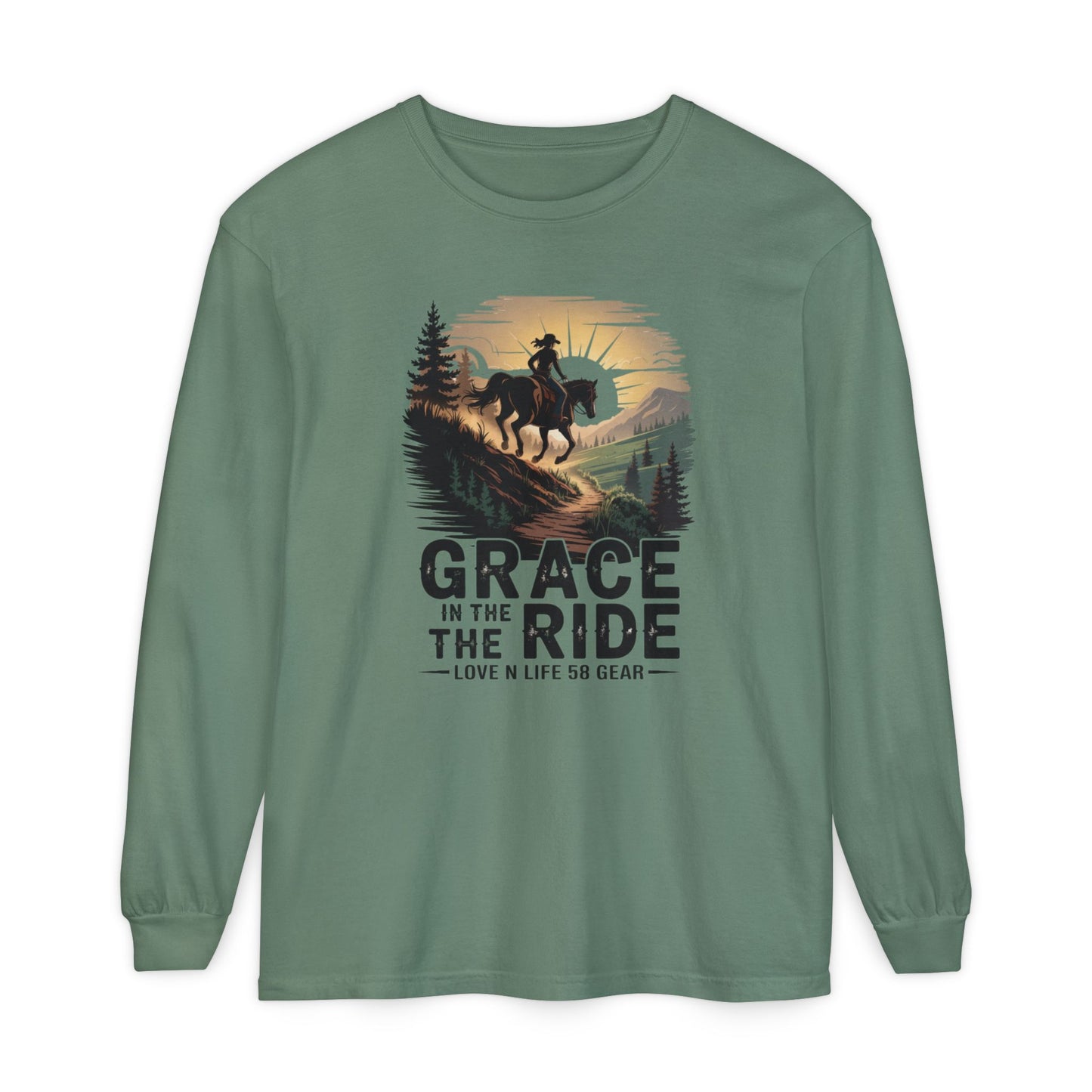 Grace in the Ride Long Sleeve Tee — Cowboy Horse Sunset