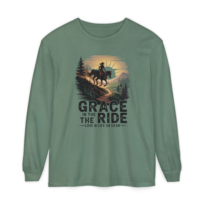 Grace in the Ride Long Sleeve Tee — Cowboy Horse Sunset