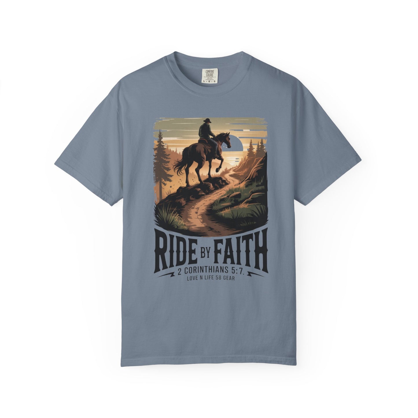 Ride by Faith Short Sleeve Tee — Christian Cowboy Graphic Tee (2 Corinthians 5:7)