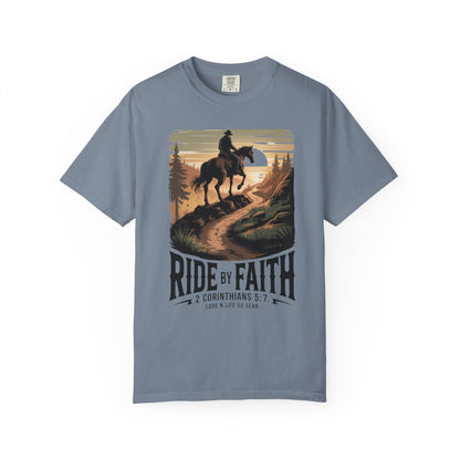 Ride by Faith Short Sleeve Tee — Christian Cowboy Graphic Tee (2 Corinthians 5:7)