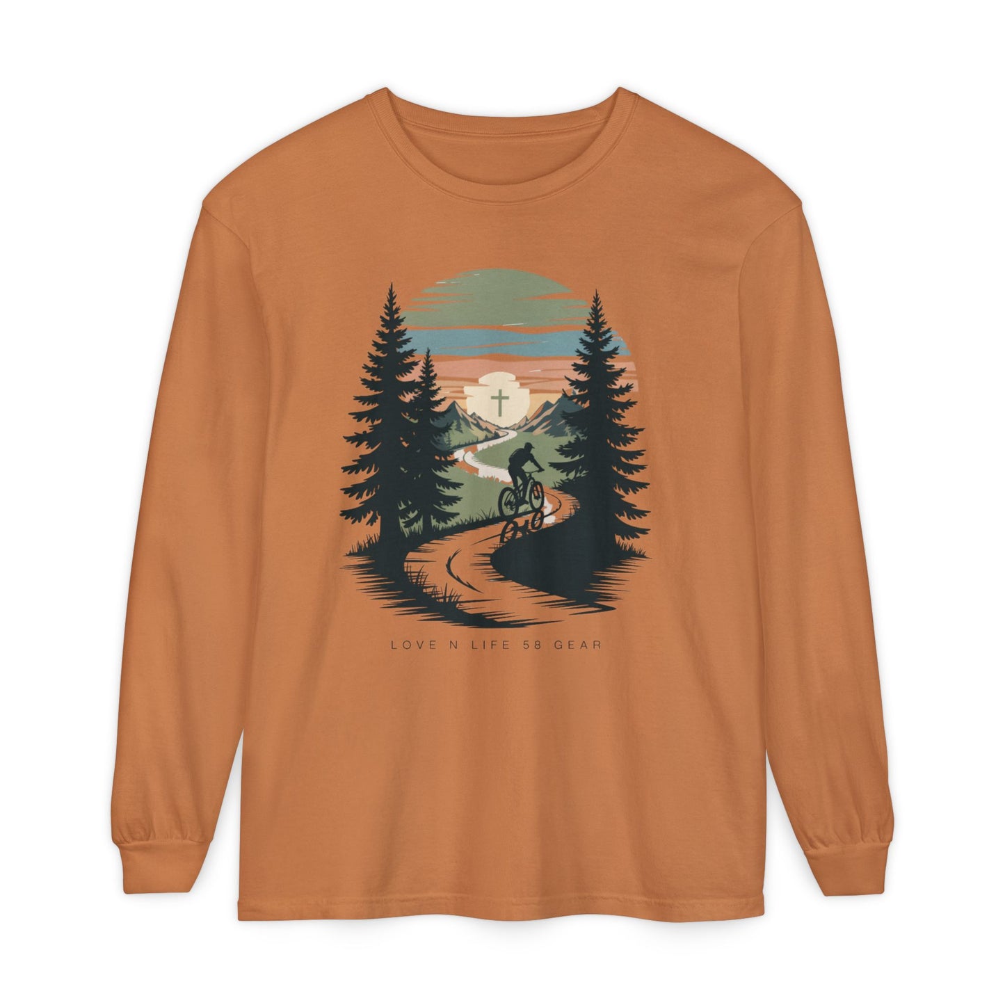Mountain Biking Scenic Trail Sunset Long Sleeve Unisex Tee