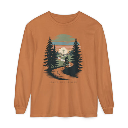 Mountain Biking Scenic Trail Sunset Long Sleeve Unisex Tee