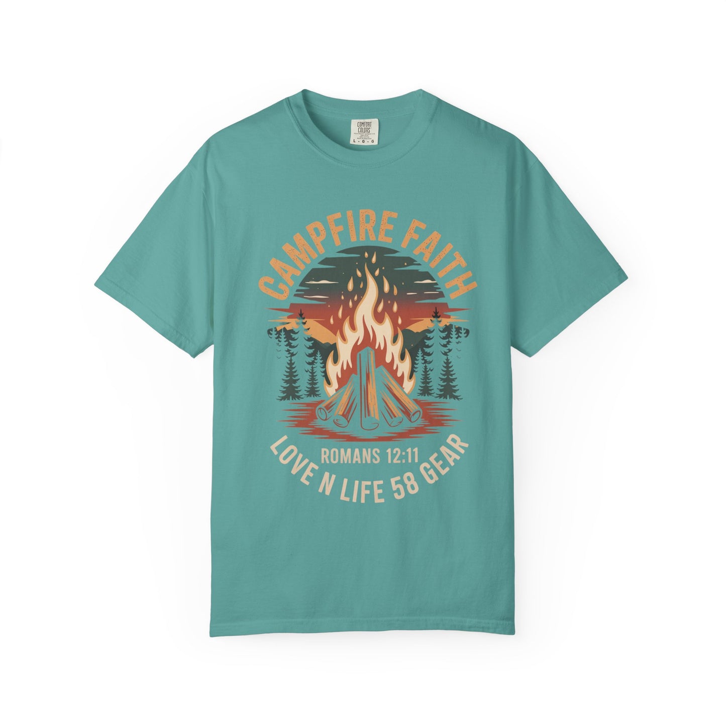Campfire Faith Short Sleeve Tee — "Romans 12:11" Christian Camping Tee