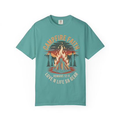 Campfire Faith Short Sleeve Tee — "Romans 12:11" Christian Camping Tee