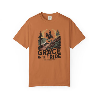 Grace in the Ride Short Sleeve Tee — Vintage Equestrian Sunset Riding Tee