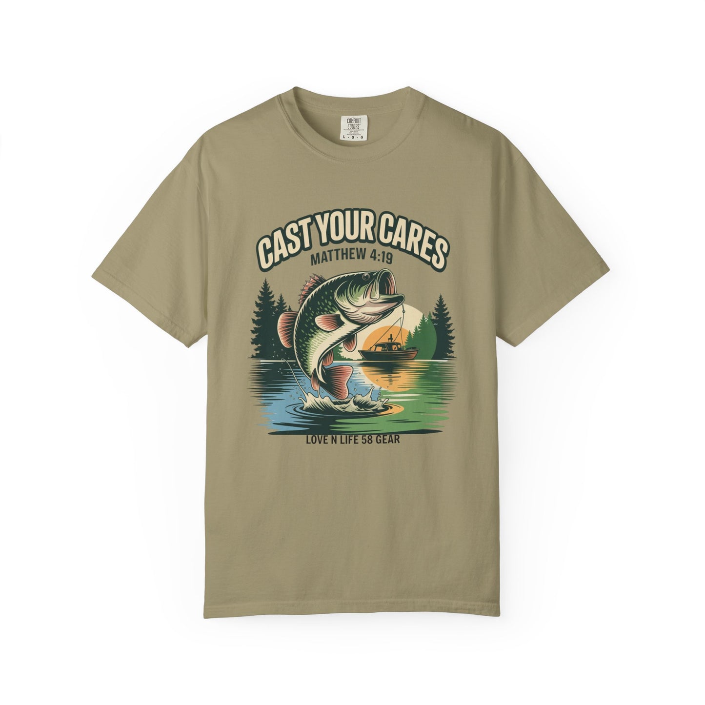 Cast Your Cares Fishing Short Sleeve Tee — "Love N Life" Christian Bass Tee (Matthew 4:19)