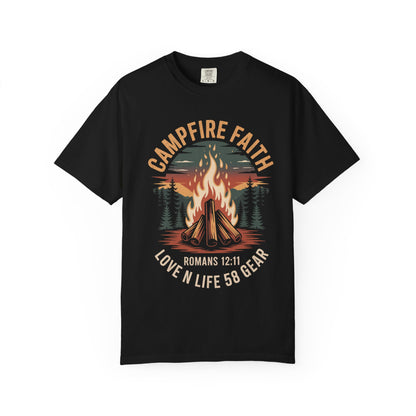 Campfire Faith Short Sleeve Tee — "Romans 12:11" Christian Camping Tee